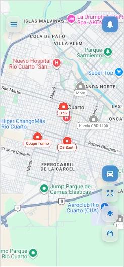 Captura real de la app VSAT con mapa y ubicación de unidades