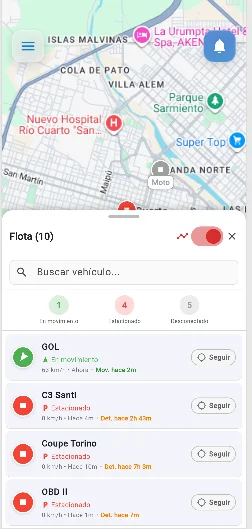Captura real de la app VSAT con listado y estado de la flota