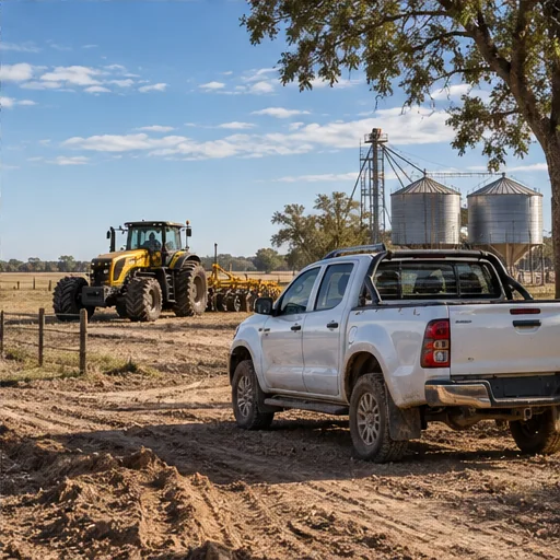 Maquinaria y camioneta en el campo