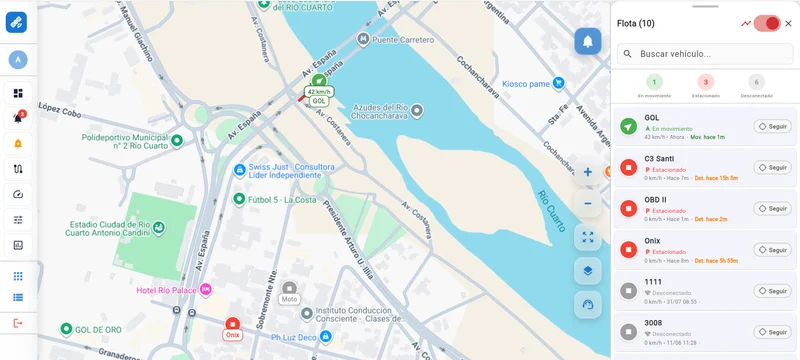 Captura real de la plataforma VSAT con mapa de Río Cuarto, unidades y controles de monitoreo